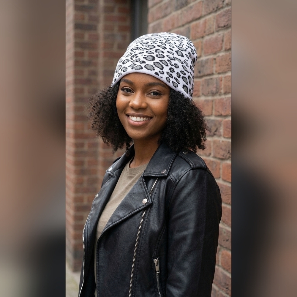 Leopard Print Beanie White Grey - Picture 11 of 13